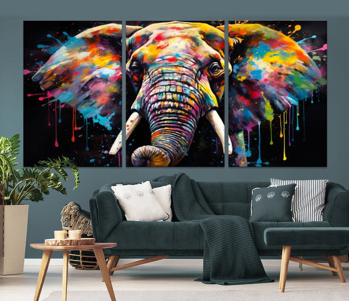 Colorful Elephant Print on Black Background Large Canvas Wall Art Print