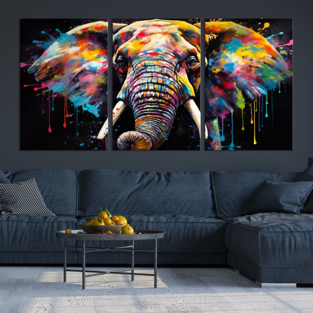 Colorful Elephant Print on Black Background Large Canvas Wall Art Print