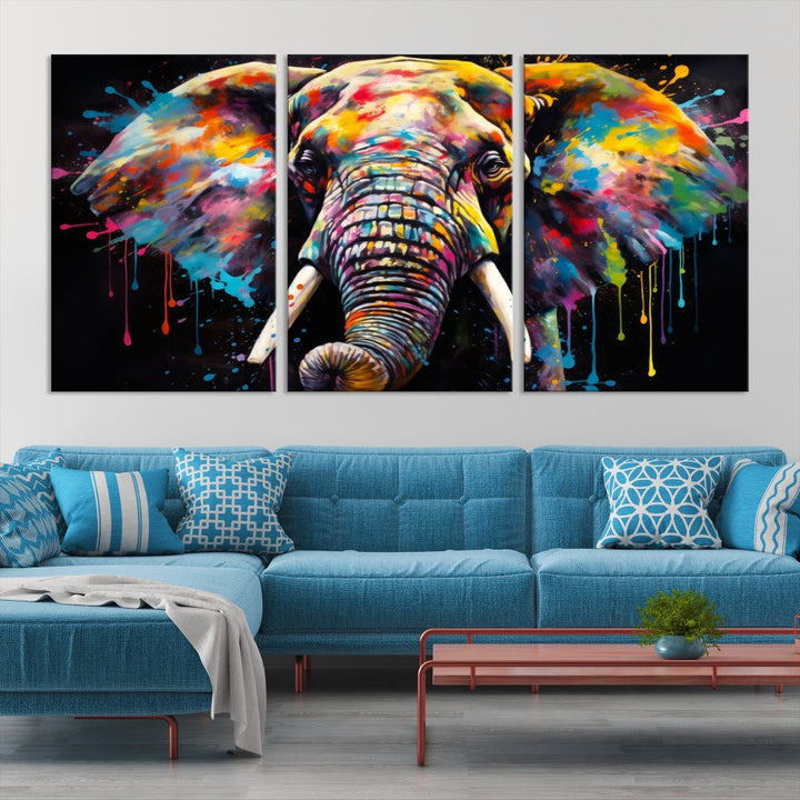 Colorful Elephant Print on Black Background Large Canvas Wall Art Print