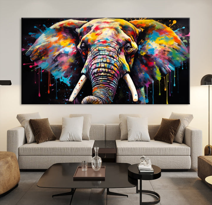 Colorful Elephant Print on Black Background Large Canvas Wall Art Print