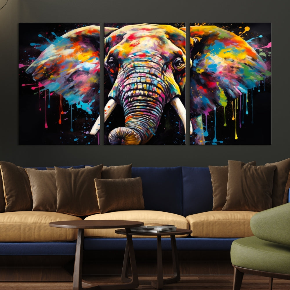 Colorful Elephant Print on Black Background Large Canvas Wall Art Print