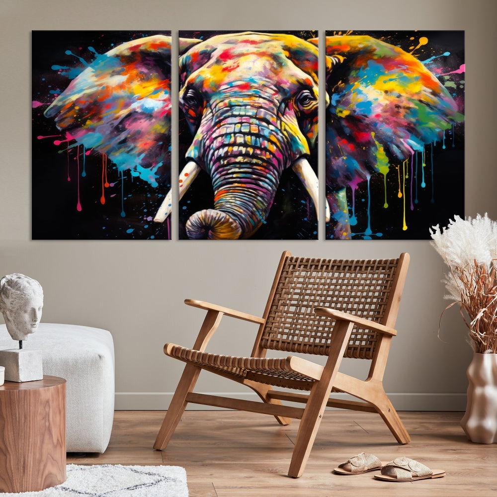 Colorful Elephant Print on Black Background Large Canvas Wall Art Print