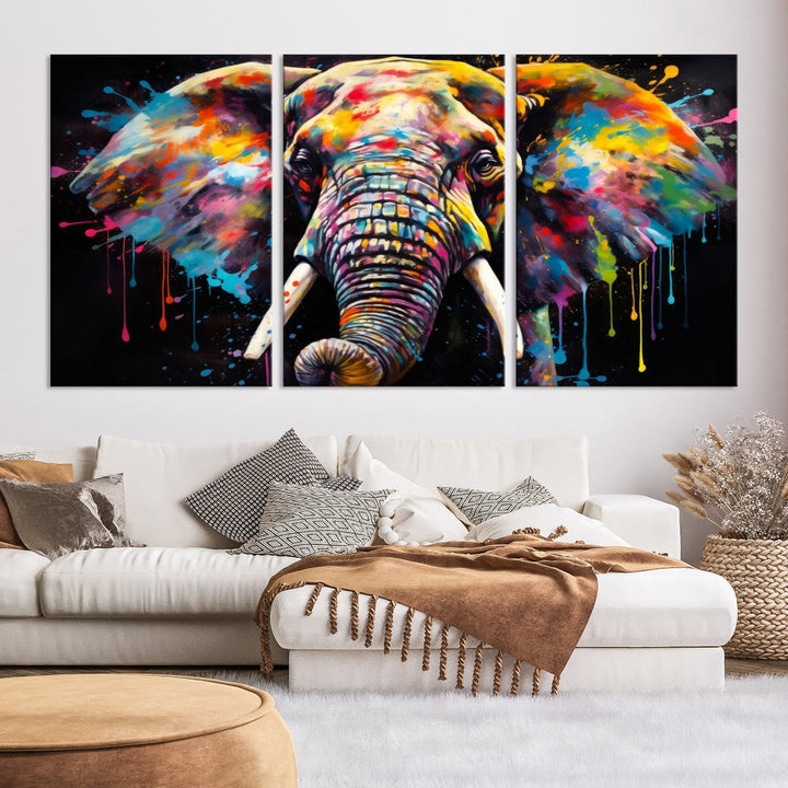 Colorful Elephant Print on Black Background Large Canvas Wall Art Print