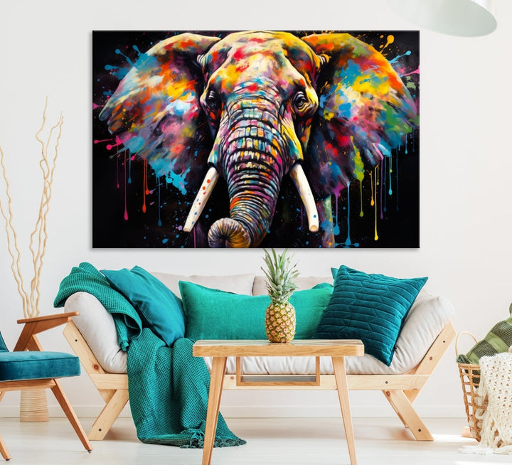 Colorful Elephant Print on Black Background Large Canvas Wall Art Print