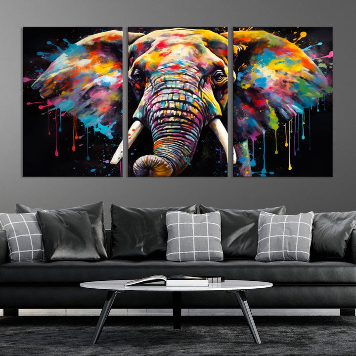 Colorful Elephant Print on Black Background Large Canvas Wall Art Print