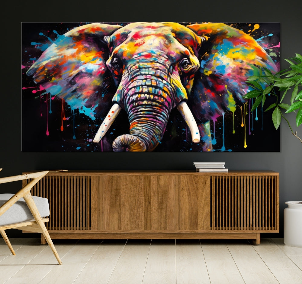 Colorful Elephant Print on Black Background Large Canvas Wall Art Print