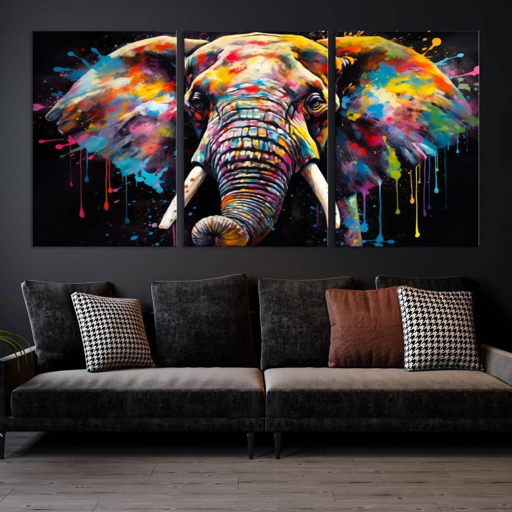 Colorful Elephant Print on Black Background Large Canvas Wall Art Print