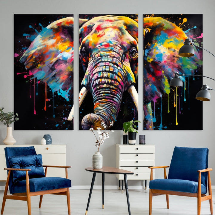 Colorful Elephant Print on Black Background Large Canvas Wall Art Print