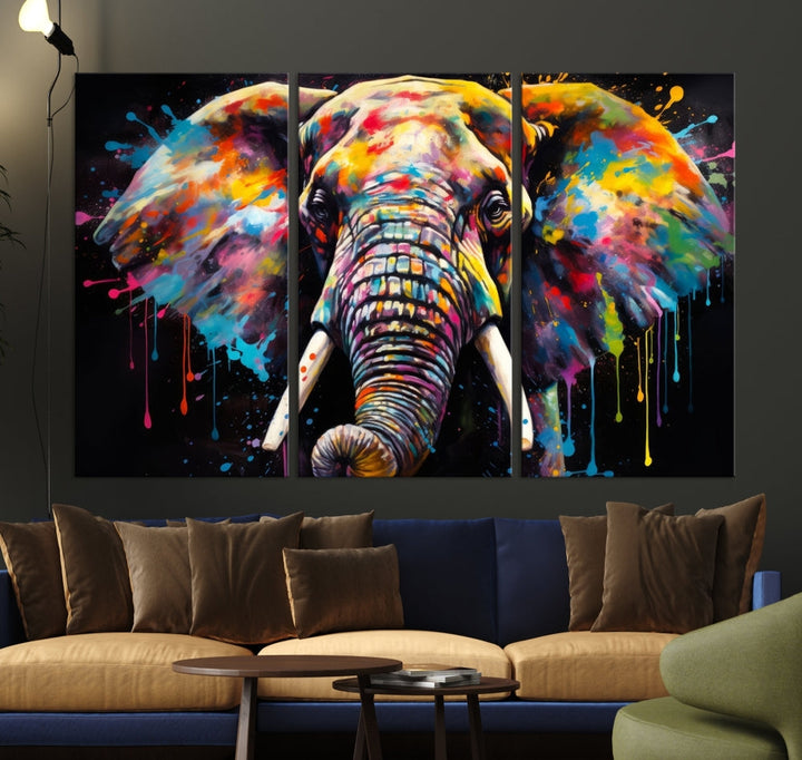 Colorful Elephant Print on Black Background Large Canvas Wall Art Print