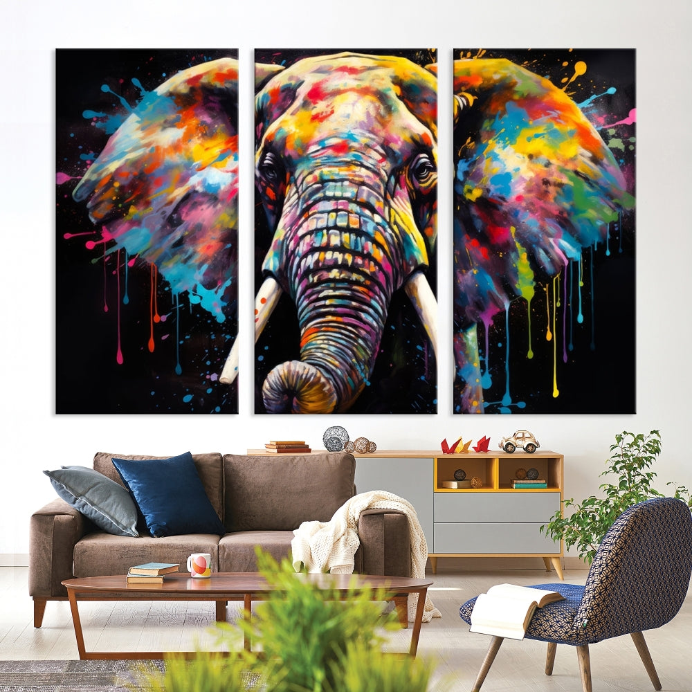 Colorful Elephant Print on Black Background Large Canvas Wall Art Print