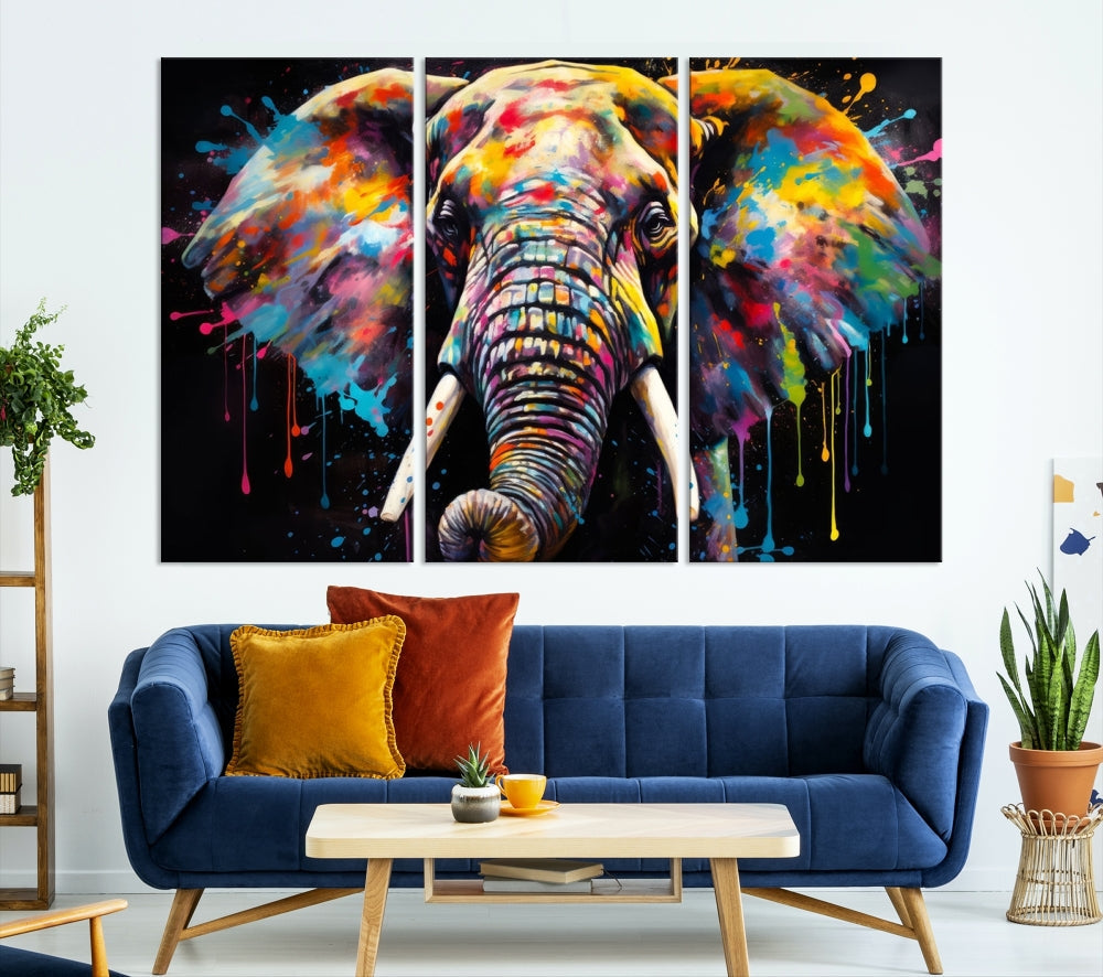 Colorful Elephant Print on Black Background Large Canvas Wall Art Print