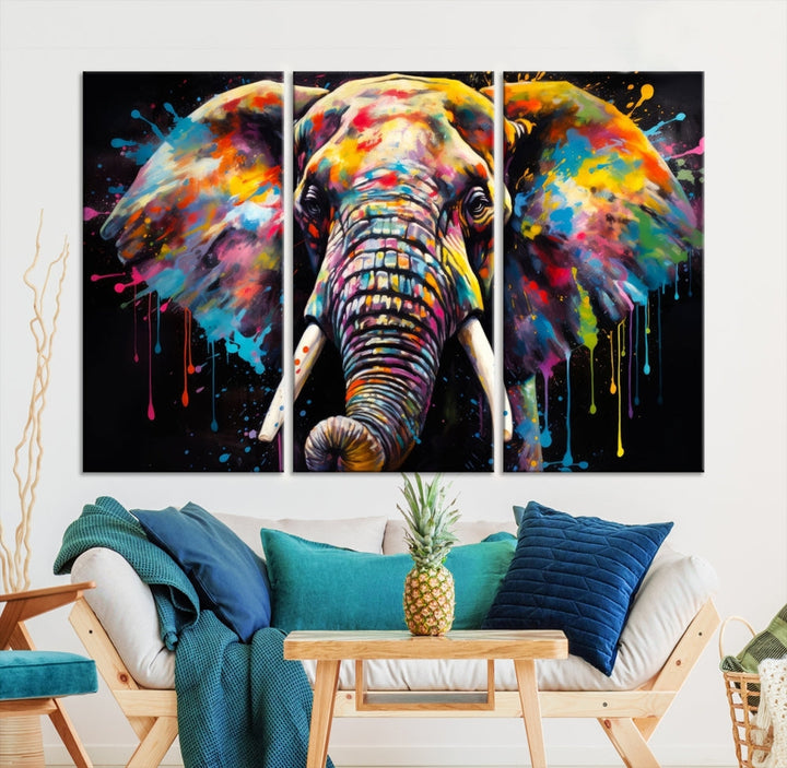 Colorful Elephant Print on Black Background Large Canvas Wall Art Print