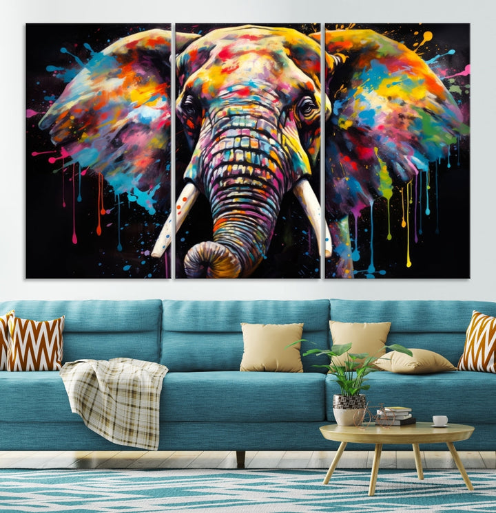 Colorful Elephant Print on Black Background Large Canvas Wall Art Print