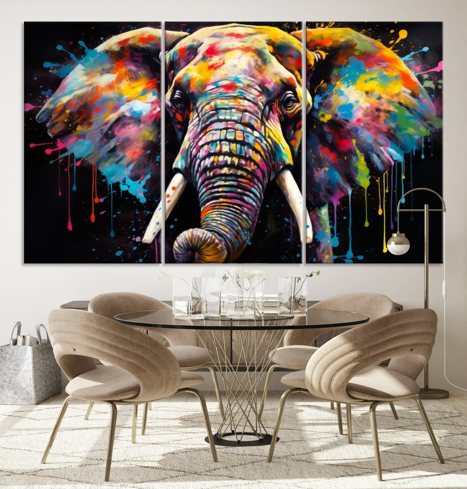 Colorful Elephant Print on Black Background Large Canvas Wall Art Print