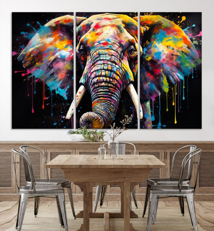 Colorful Elephant Print on Black Background Large Canvas Wall Art Print