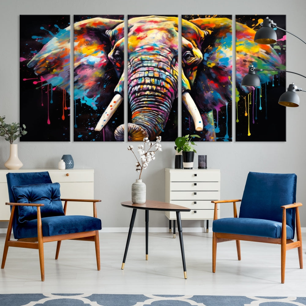 Colorful Elephant Print on Black Background Large Canvas Wall Art Print