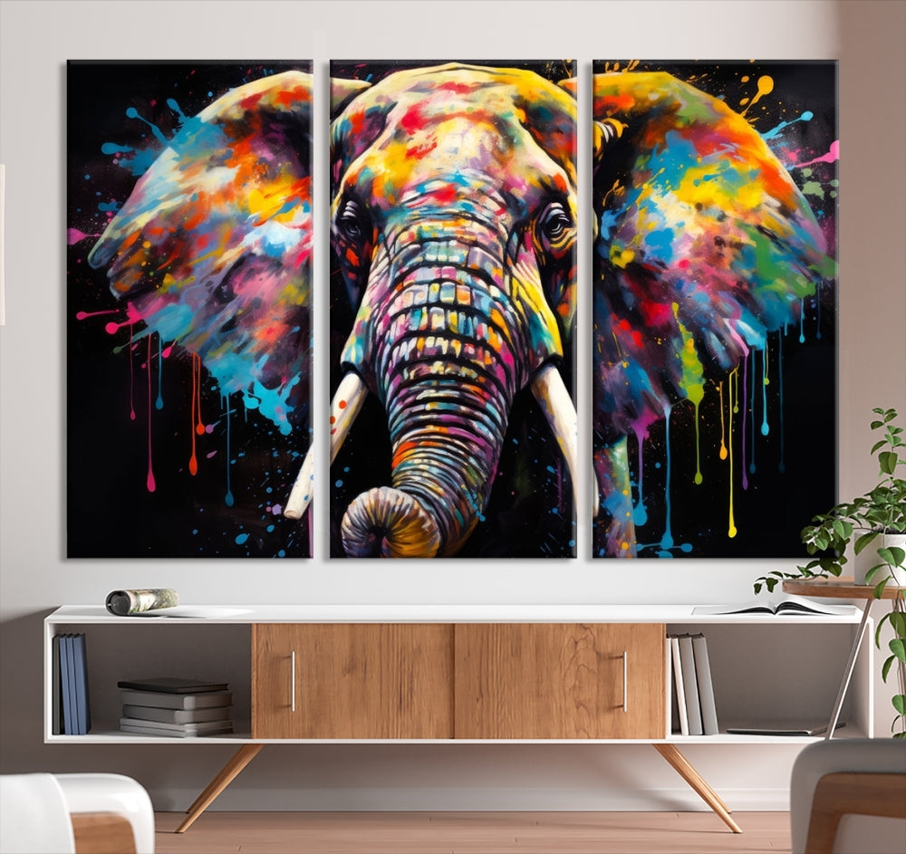 Colorful Elephant Print on Black Background Large Canvas Wall Art Print