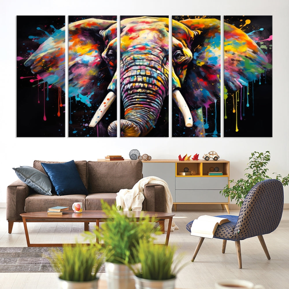 Colorful Elephant Print on Black Background Large Canvas Wall Art Print