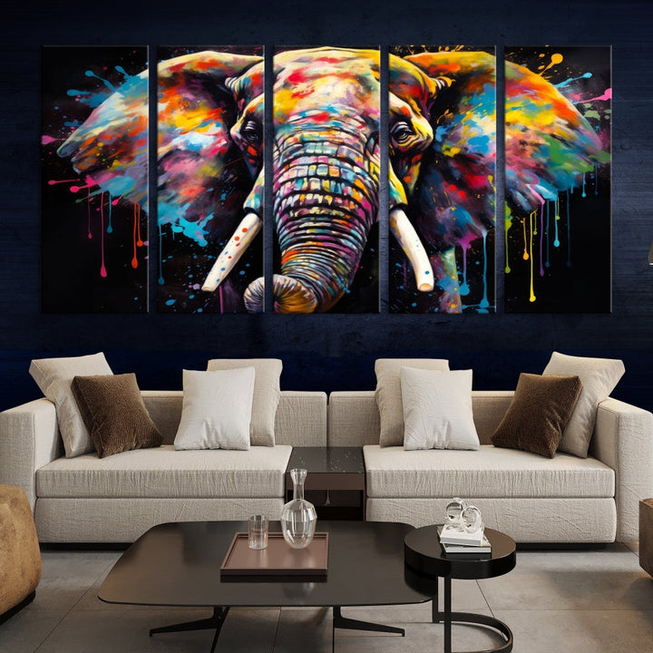 Colorful Elephant Print on Black Background Large Canvas Wall Art Print