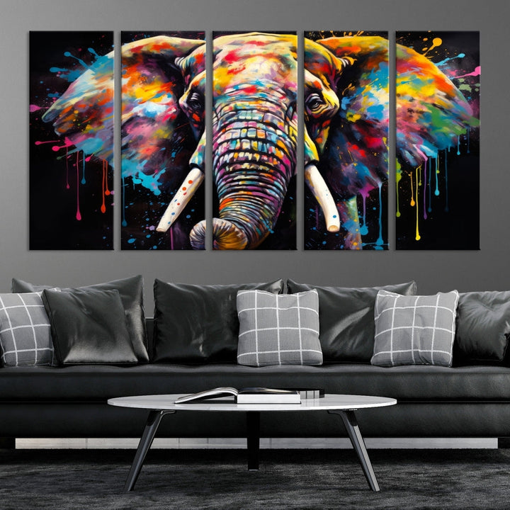 Colorful Elephant Print on Black Background Large Canvas Wall Art Print