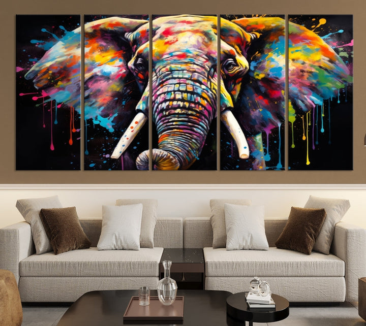 Colorful Elephant Print on Black Background Large Canvas Wall Art Print