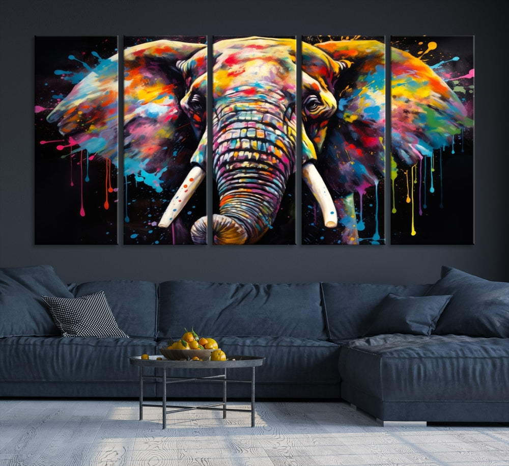 Colorful Elephant Print on Black Background Large Canvas Wall Art Print