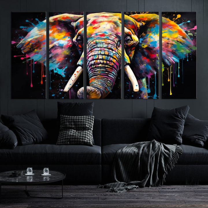 Colorful Elephant Print on Black Background Large Canvas Wall Art Print