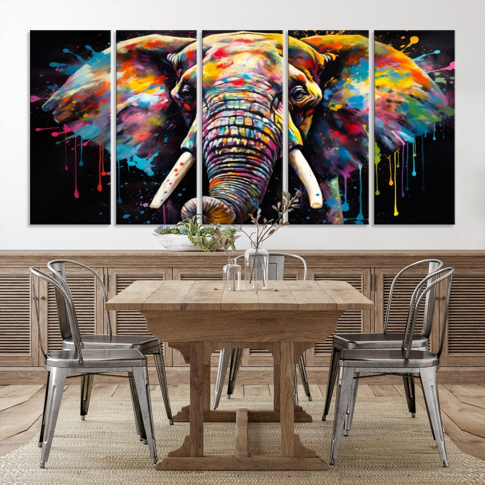 Colorful Elephant Print on Black Background Large Canvas Wall Art Print