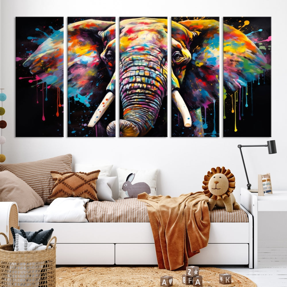 Colorful Elephant Print on Black Background Large Canvas Wall Art Print