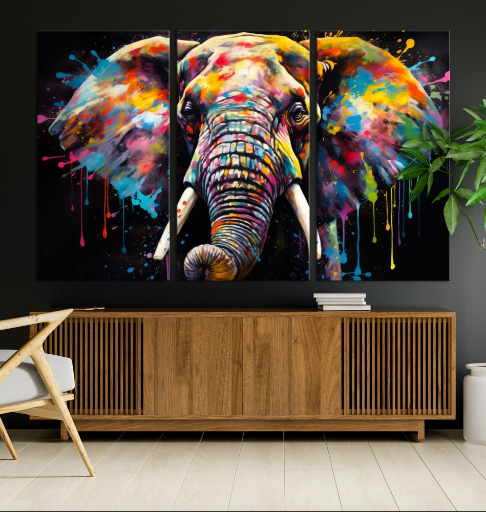 Colorful Elephant Print on Black Background Large Canvas Wall Art Print