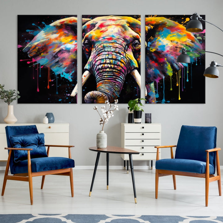 Colorful Elephant Print on Black Background Large Canvas Wall Art Print