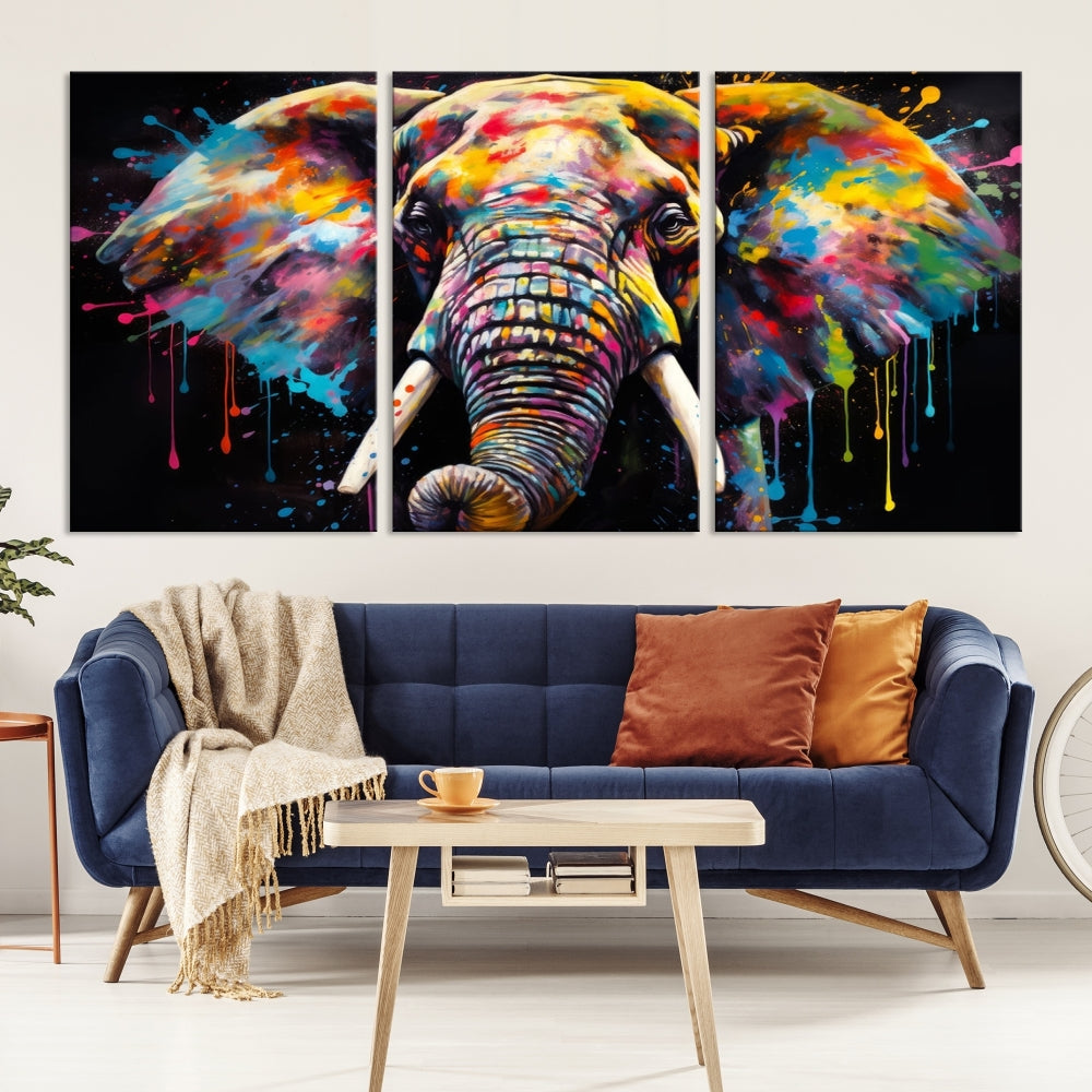 Colorful Elephant Print on Black Background Large Canvas Wall Art Print