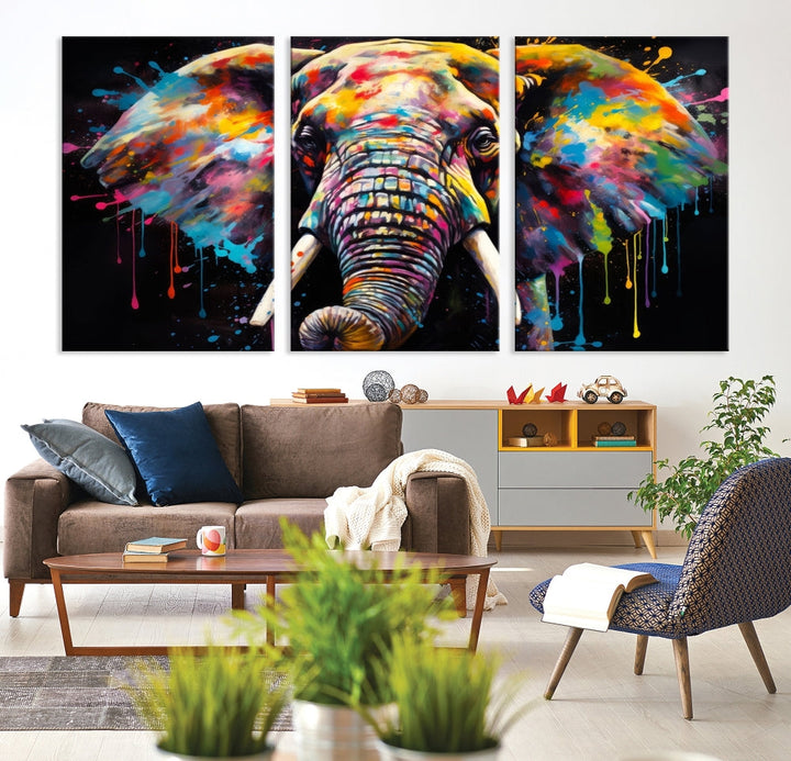 Colorful Elephant Print on Black Background Large Canvas Wall Art Print