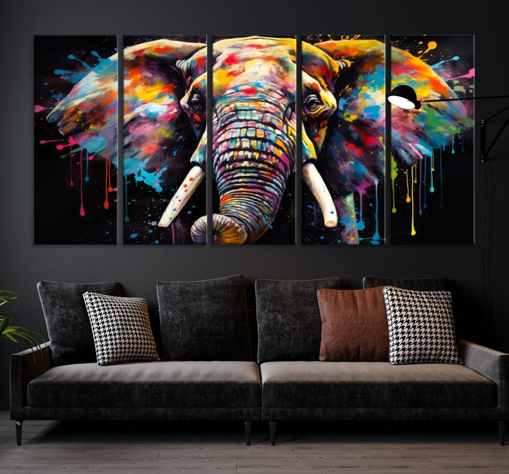 Colorful Elephant Print on Black Background Large Canvas Wall Art Print