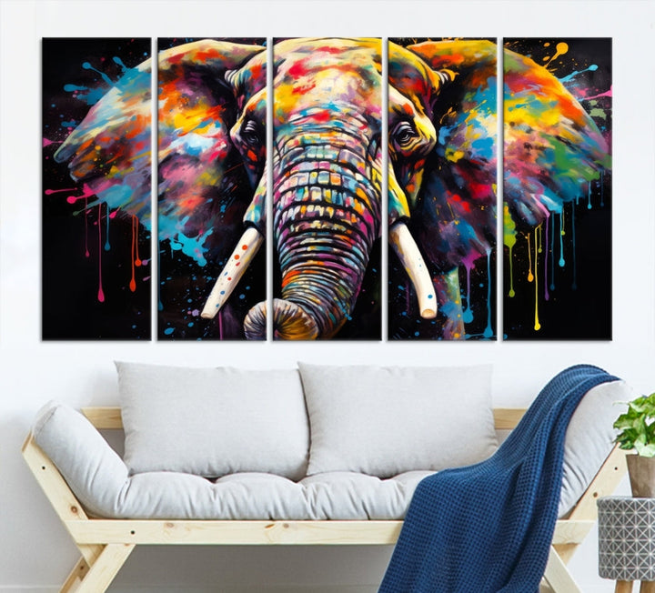 Colorful Elephant Print on Black Background Large Canvas Wall Art Print