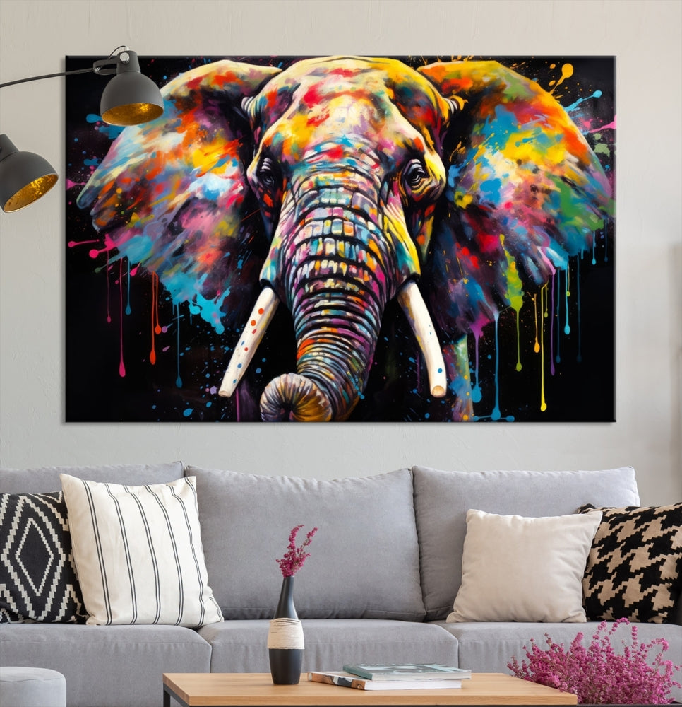 Colorful Elephant Print on Black Background Large Canvas Wall Art Print