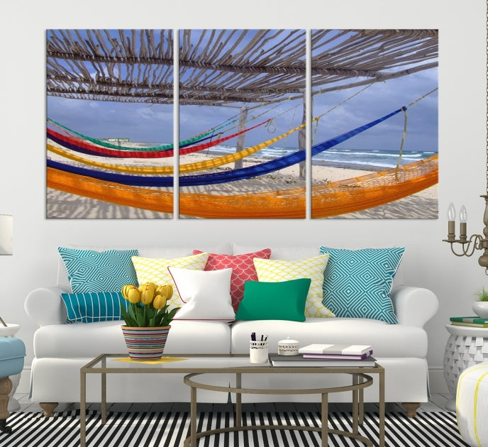 Colorful Hammocks on Beach Framed Giclee Extra Large Wall Art Canvas Print