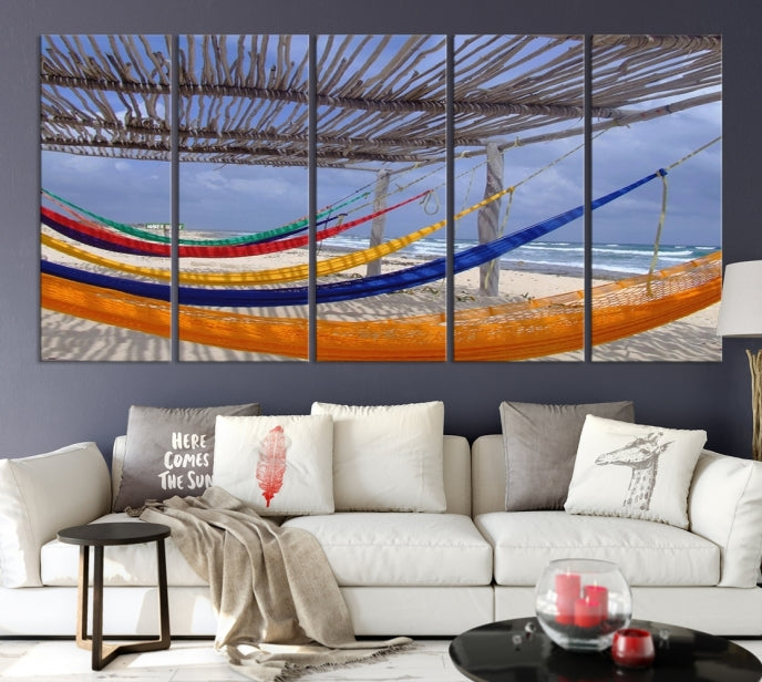 Colorful Hammocks on Beach Framed Giclee Extra Large Wall Art Canvas Print