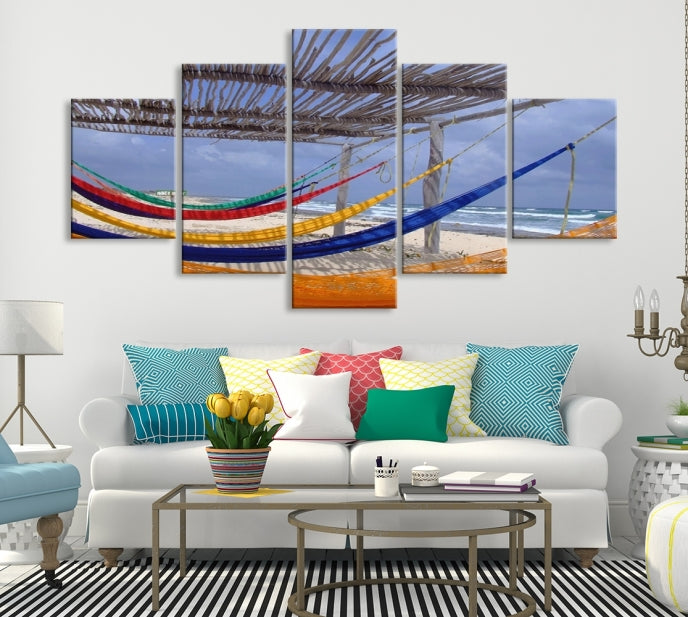 Colorful Hammocks on Beach Framed Giclee Extra Large Wall Art Canvas Print