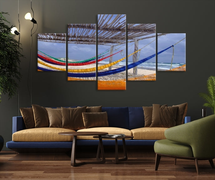 Colorful Hammocks on Beach Framed Giclee Extra Large Wall Art Canvas Print