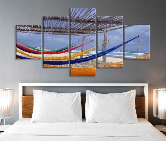 Colorful Hammocks on Beach Framed Giclee Extra Large Wall Art Canvas Print