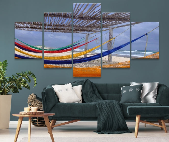 Colorful Hammocks on Beach Framed Giclee Extra Large Wall Art Canvas Print