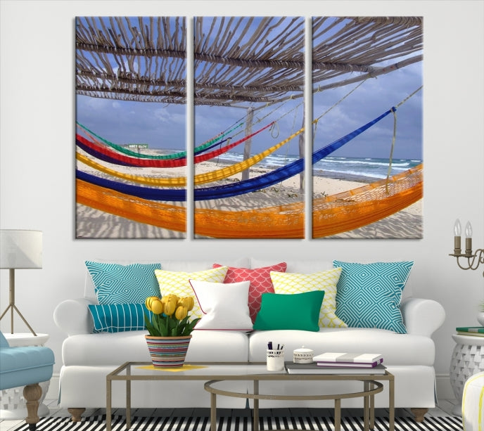 Colorful Hammocks on Beach Framed Giclee Extra Large Wall Art Canvas Print