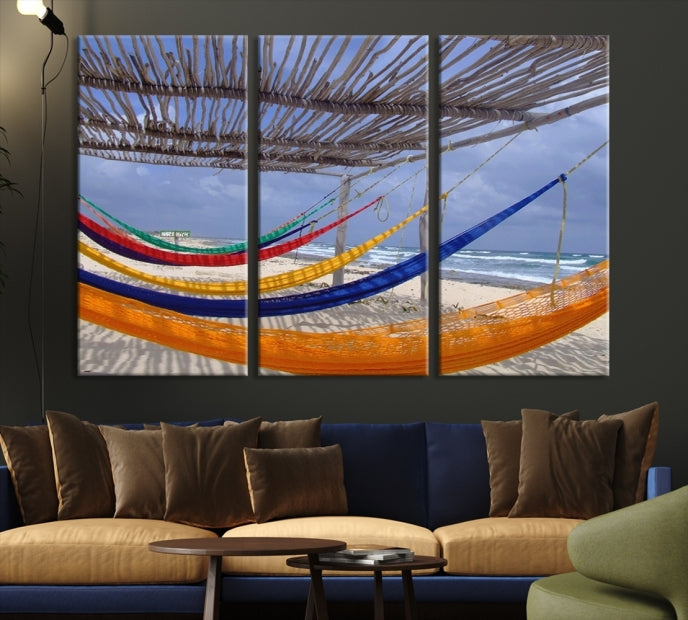 Colorful Hammocks on Beach Framed Giclee Extra Large Wall Art Canvas Print