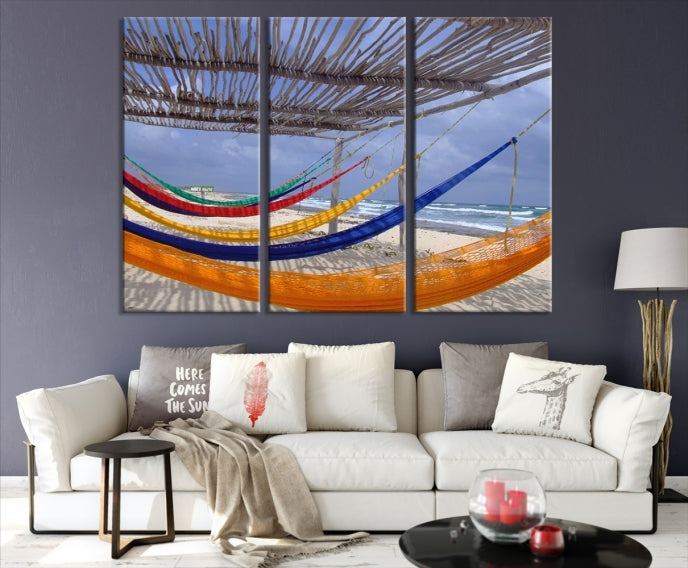 Colorful Hammocks on Beach Framed Giclee Extra Large Wall Art Canvas Print