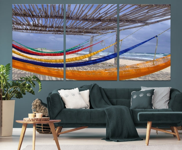 Colorful Hammocks on Beach Framed Giclee Extra Large Wall Art Canvas Print