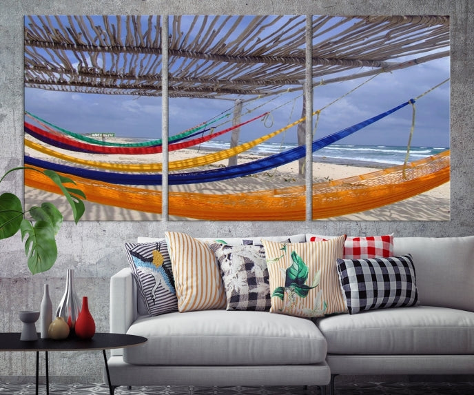 Colorful Hammocks on Beach Framed Giclee Extra Large Wall Art Canvas Print