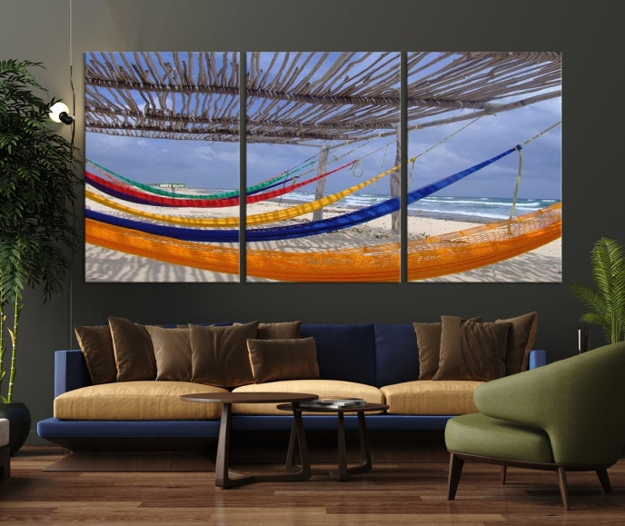 Colorful Hammocks on Beach Framed Giclee Extra Large Wall Art Canvas Print