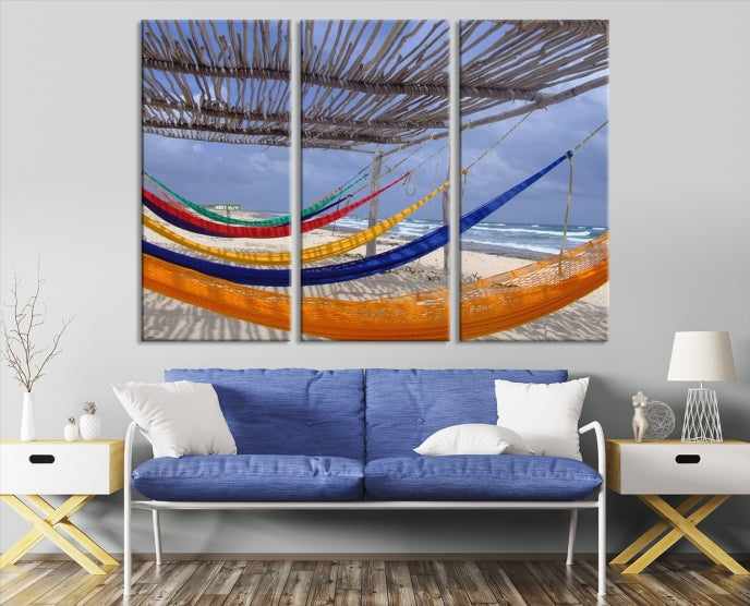 Colorful Hammocks on Beach Framed Giclee Extra Large Wall Art Canvas Print