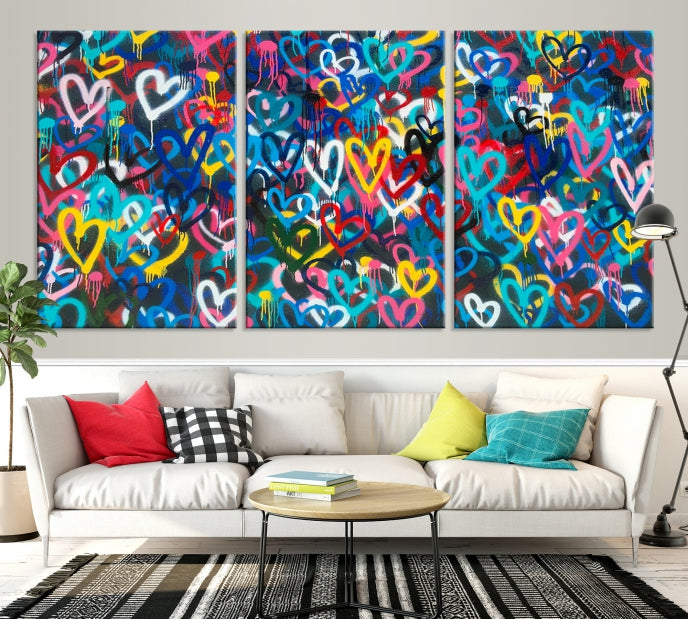 Colorful Hearts Abstract Painting Large Wall Art Canvas Print